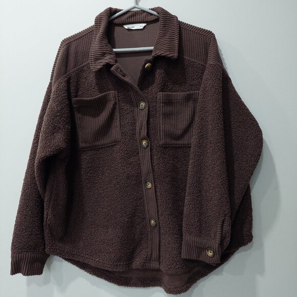 Bluenotes Brown Sherpa Fleece Button-Down Shacket With Corduroy Details Sz M - Picture 1 of 7
